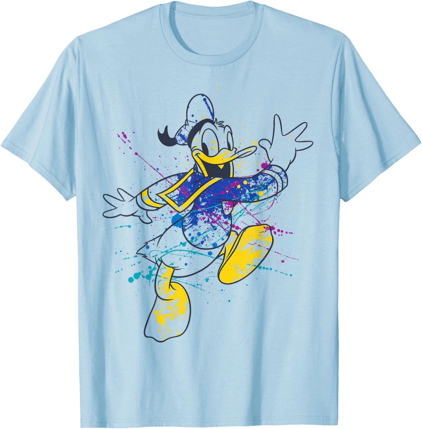 Disney Donald Duck Jumping For Joy Paint Splatter Portrait T-Shirt - T-Shirt | Light Blue