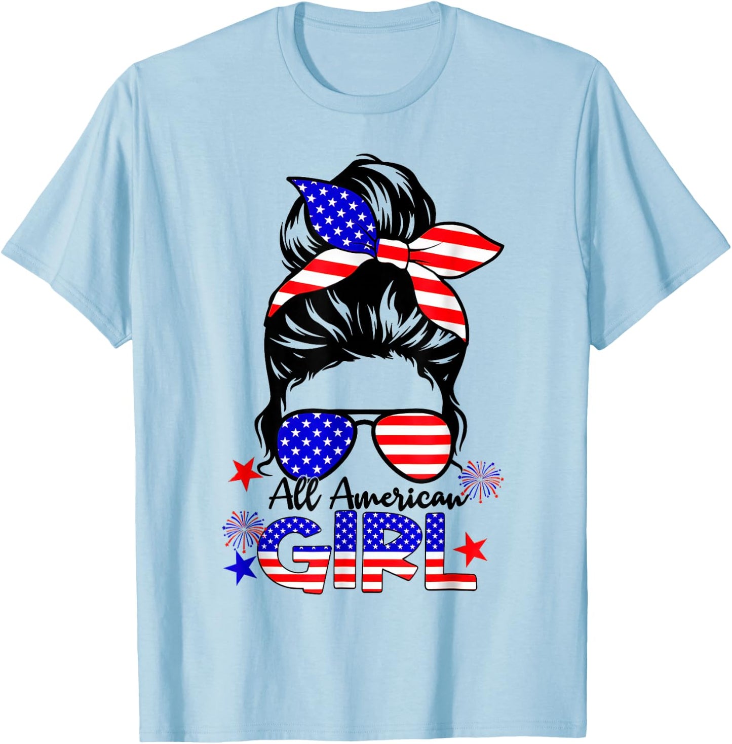 4th of July All American Girls Messy Bun T-Shirt - T-Shirt | Light Blue