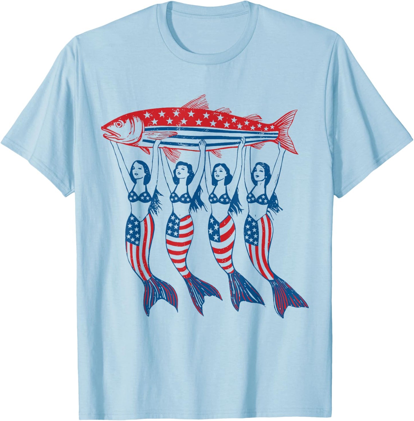 Mermaid Sardine Tinned Fish USA Patriotic 250th 4th of July T-Shirt - T-Shirt | Light Blue