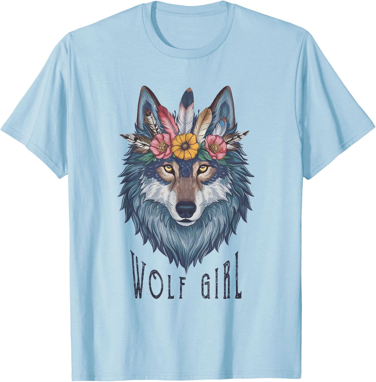Wolf Girl Loves Wolves Kids Vintage Feathers Wolf Floral , white, S T-Shirt - T-Shirt | Light Blue