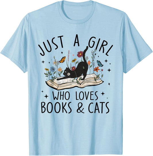 just A Girl Who Loves Cats and Books Reading Bookworm Girls T-Shirt - T-Shirt | Light Blue