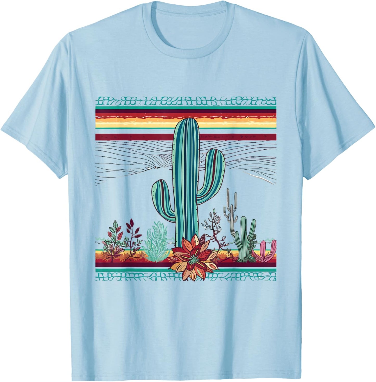 Serape Cactus Print Turquoise Western Saguaro Cactus T-Shirt - T-Shirt | Light Blue