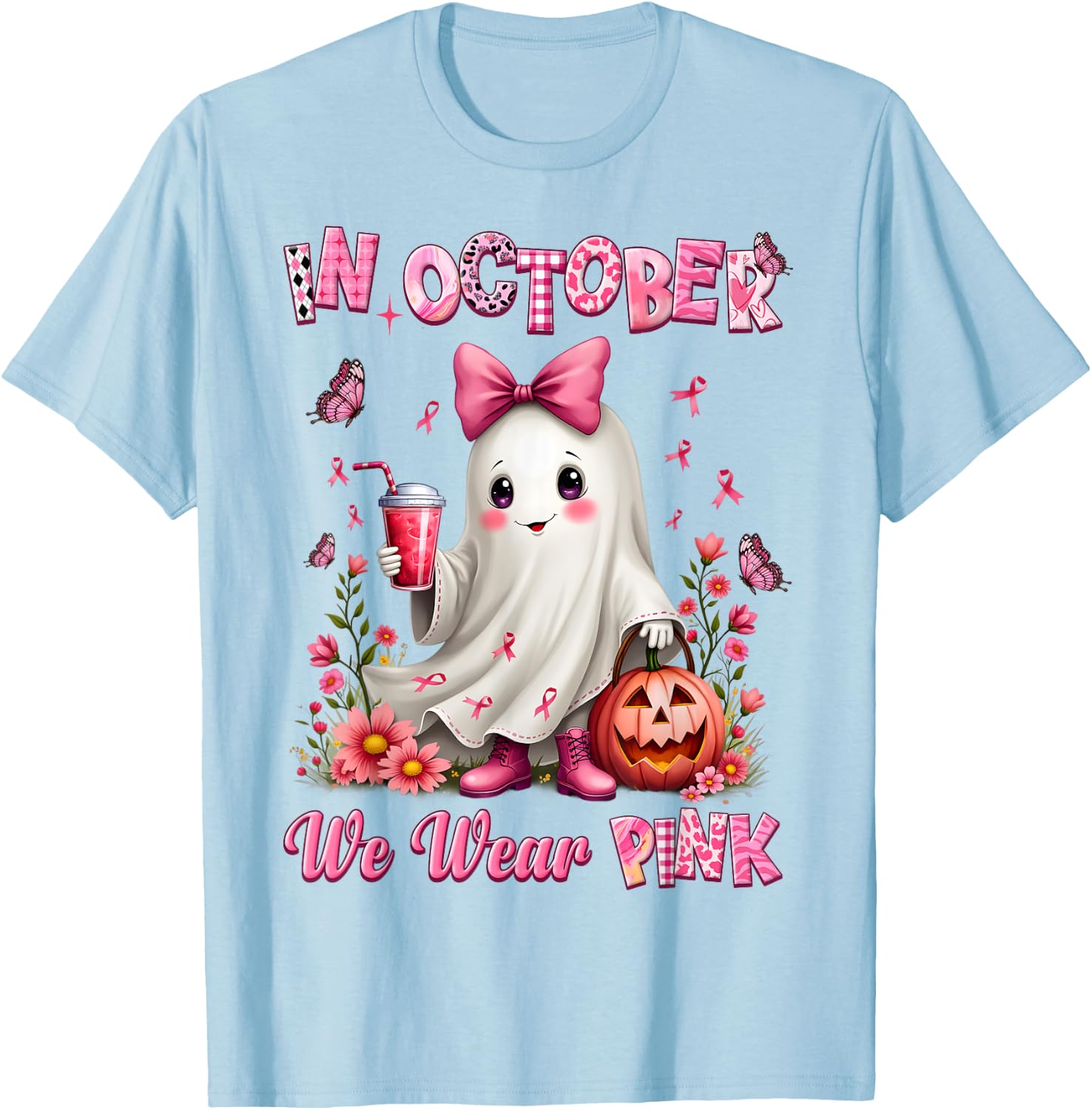In October We Wear Pink Ghost Breast Cancer Awareness T-Shirt - T-Shirt | Light Blue