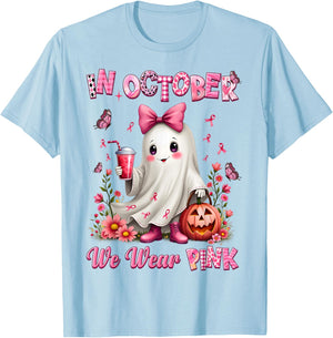 In October We Wear Pink Ghost Breast Cancer Awareness T-Shirt - T-Shirt | Light Blue
