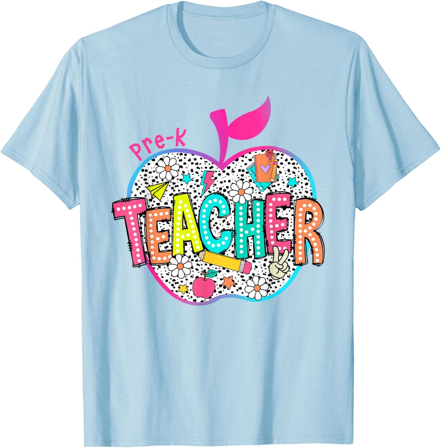 Pre-K Teacher Back To School Apple Dalmatian Dots T-Shirt - T-Shirt | Light Blue