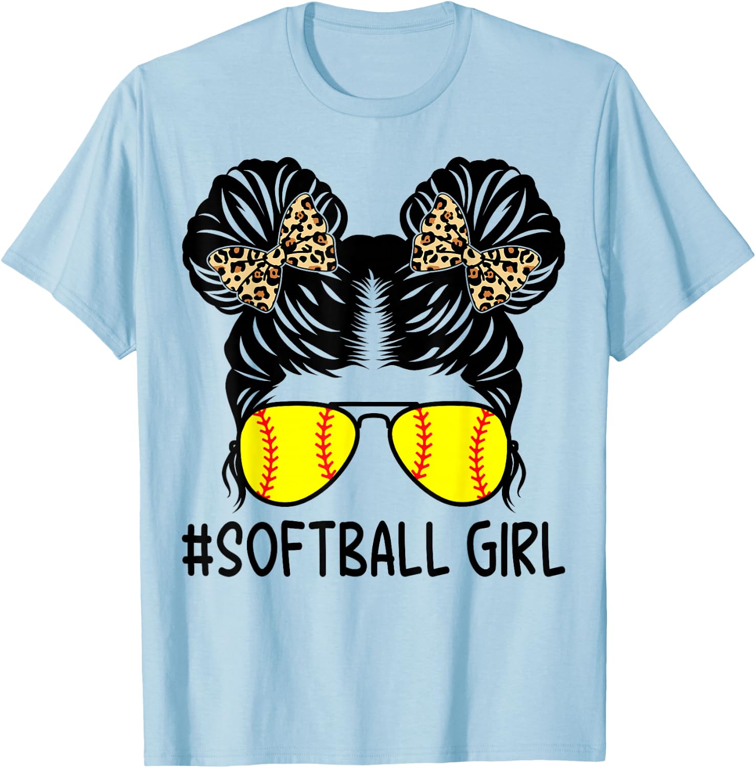 Softball Girl Leopard Messy Bun Softball Girls T-Shirt - T-Shirt | Light Blue