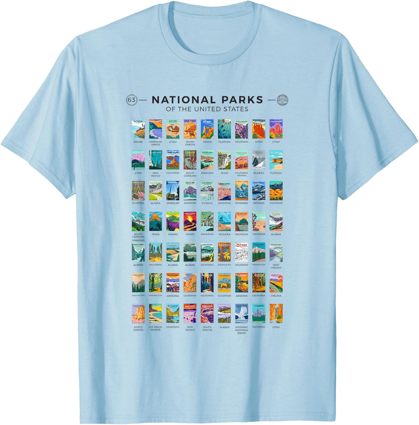 All 63 National Parks Of The United States Vintage Art List T-Shirt - T-Shirt | Light Blue