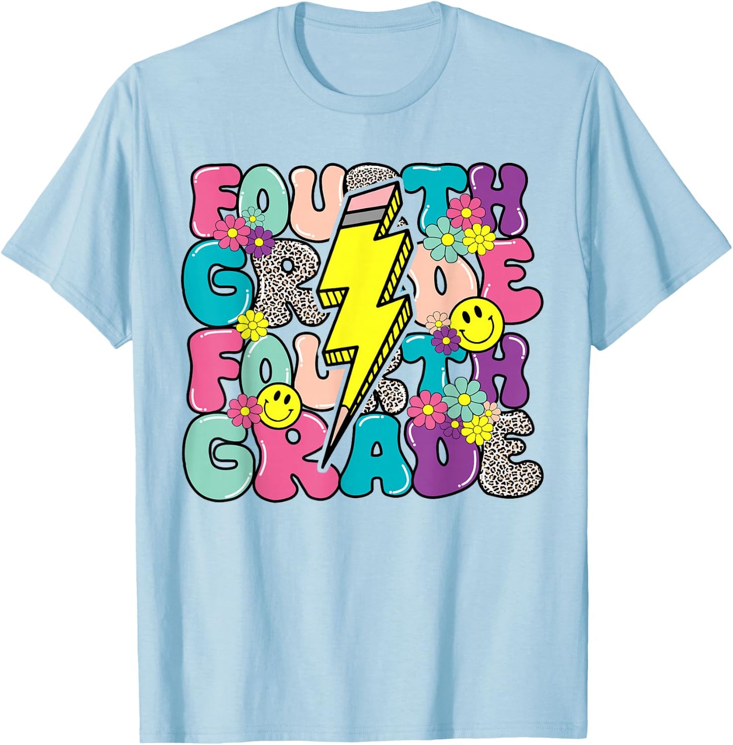 4th Grade Lightning Bolt Pencil Retro Teacher Boys Girls T-Shirt - T-Shirt | Light Blue