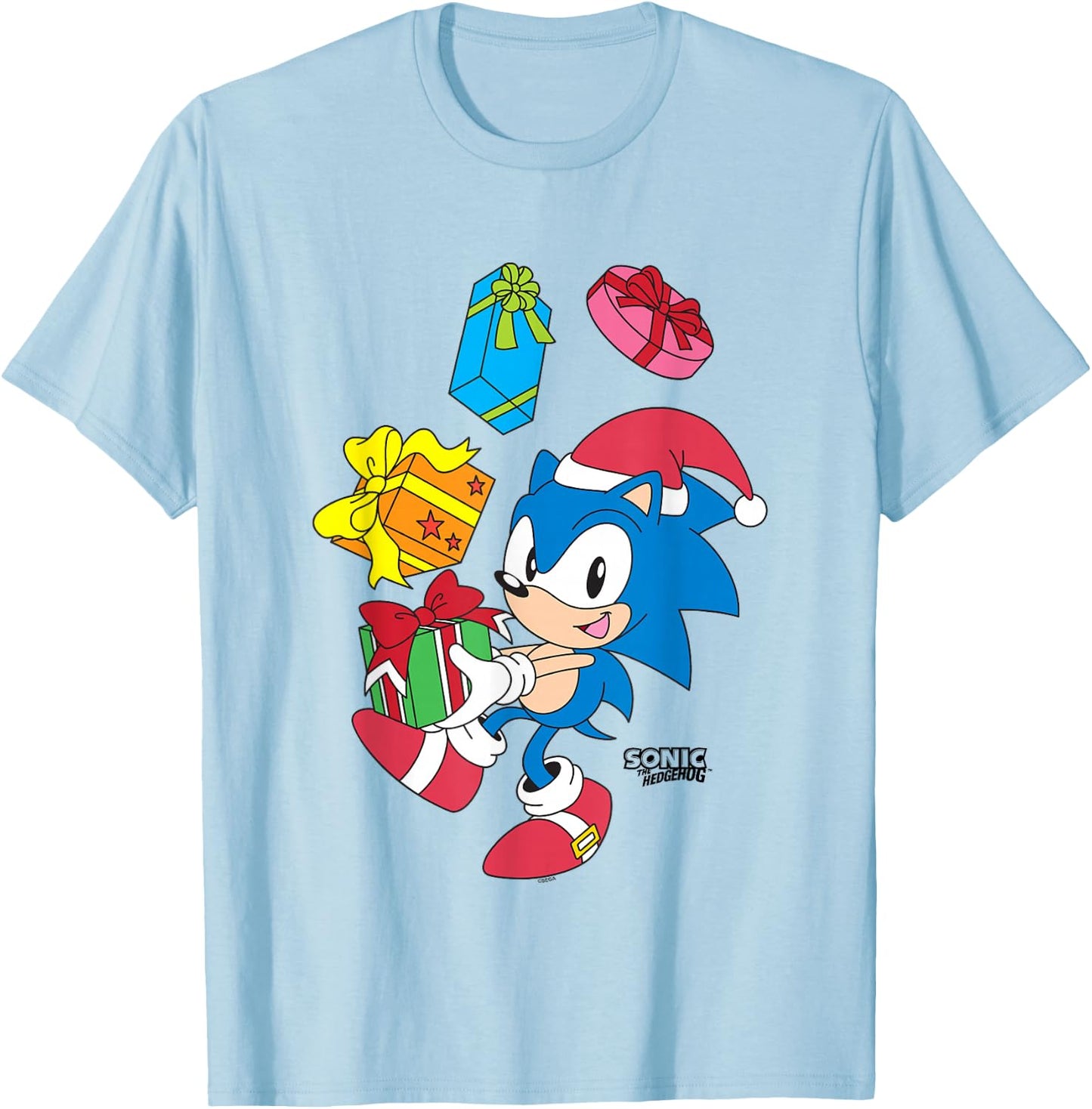 Sonic The Hedgehog Christmas Sonic Juggling Presents T-Shirt - T-Shirt | Light Blue