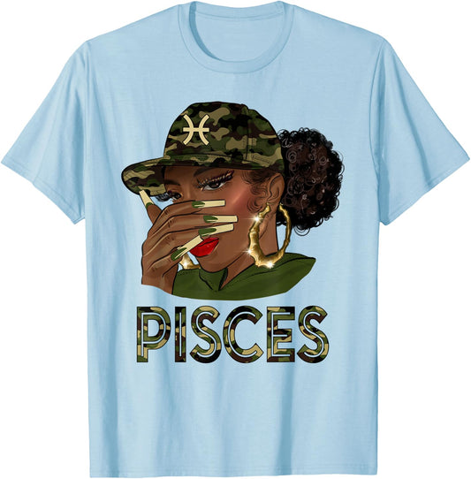 Pisces Queen Black Girl With Cap Camo Afro Woman Zodiac T-Shirt - T-Shirt | Light Blue