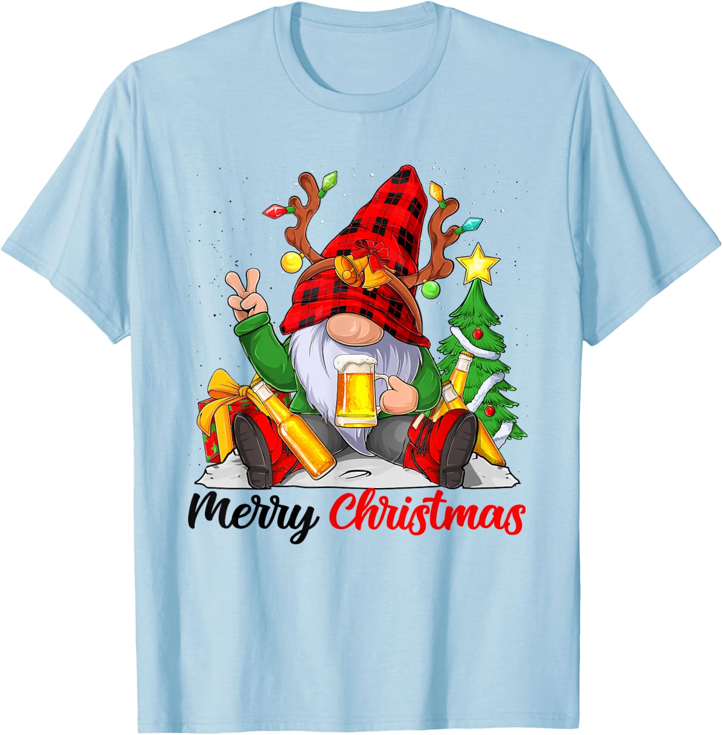 Funny Merry Christmas Beer Lover Men Women Gnome Lovers T-Shirt - T-Shirt | Light Blue