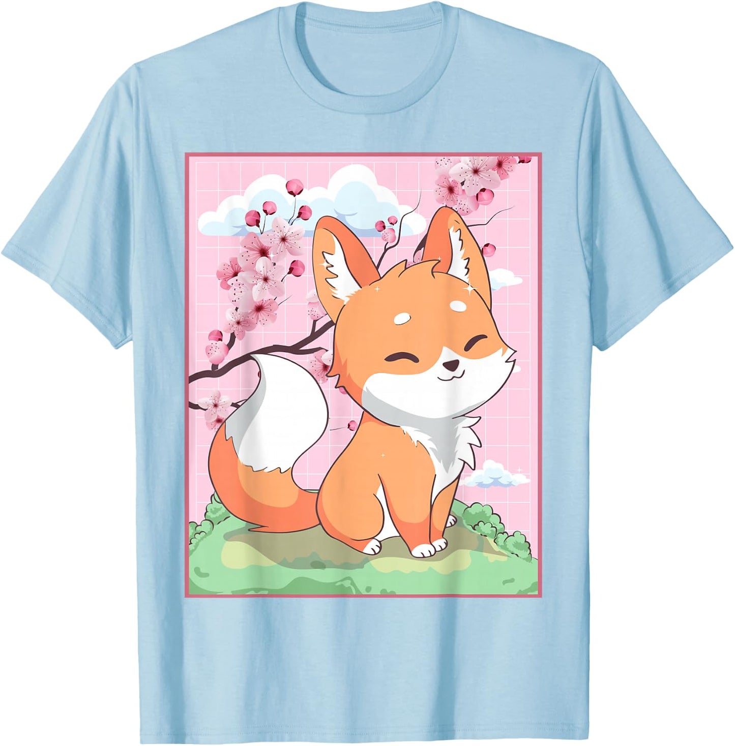 Kawaii Fox Japanese Kitsune Sakura Cherry Blossom T-Shirt - T-Shirt | Light Blue