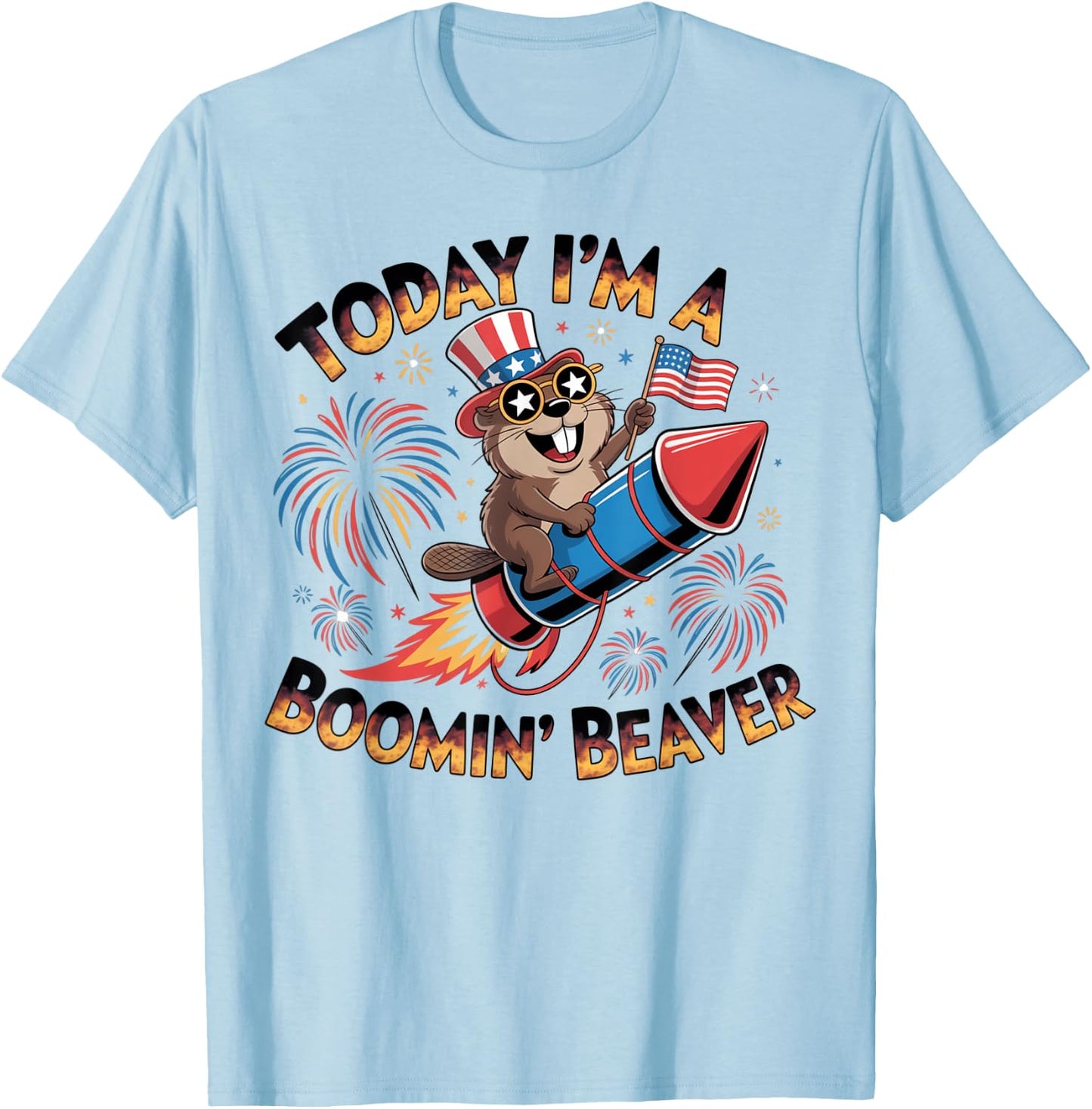 Funny 4th of July Boomin' Beaver Fireworks Patriotic USA T-Shirt - T-Shirt | Light Blue