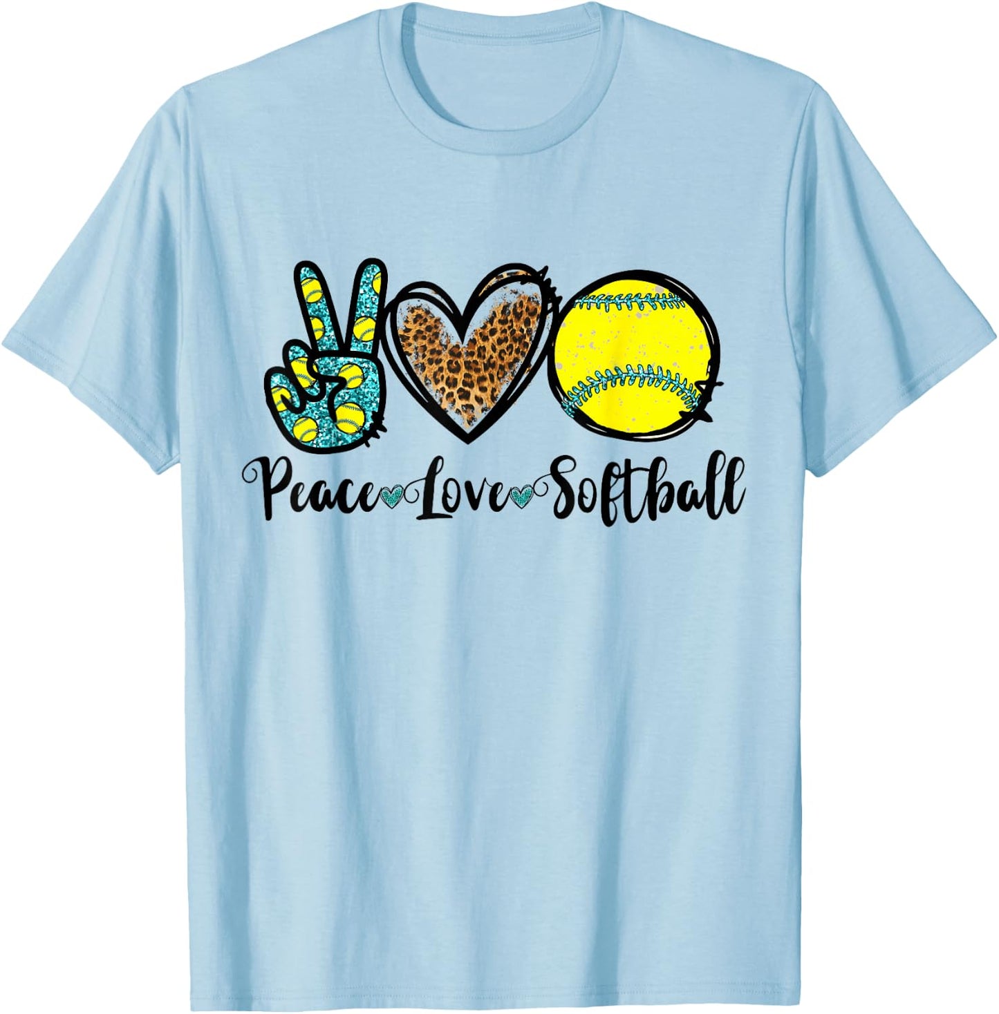 Peace Love Softball for Teen Girls Cute Leopard Softball T-Shirt - T-Shirt | Light Blue