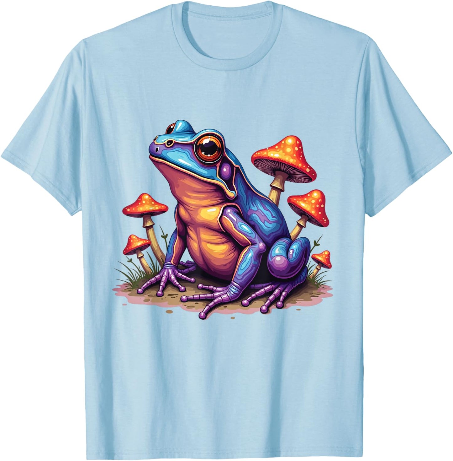 Toad Frog with Psychedelic Mushrooms Trippy Illustration , white, S T-Shirt - T-Shirt | Light Blue