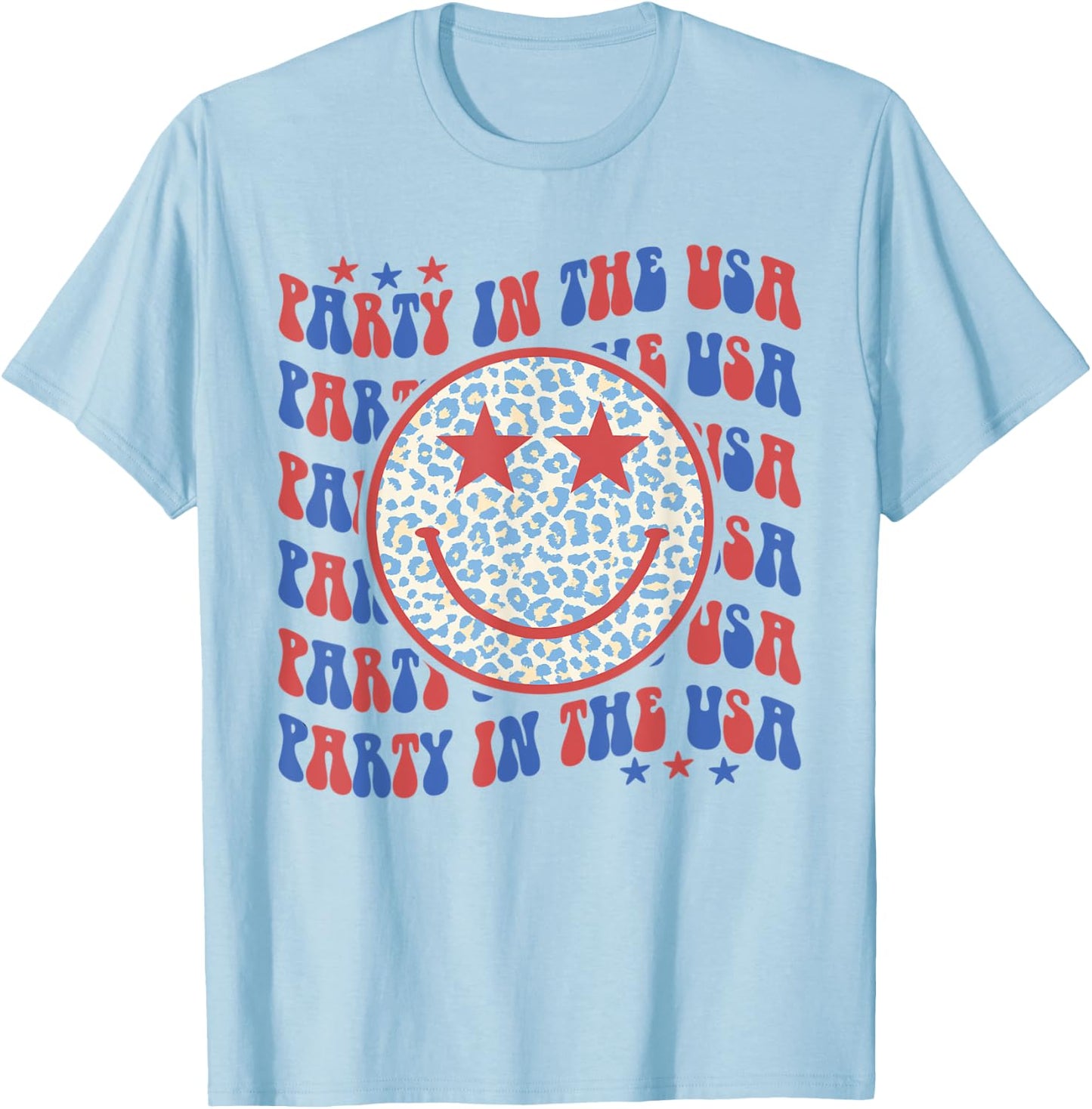 Party In The USA Happy Face Leopard Pattern 4th Of July T-Shirt - T-Shirt | Light Blue