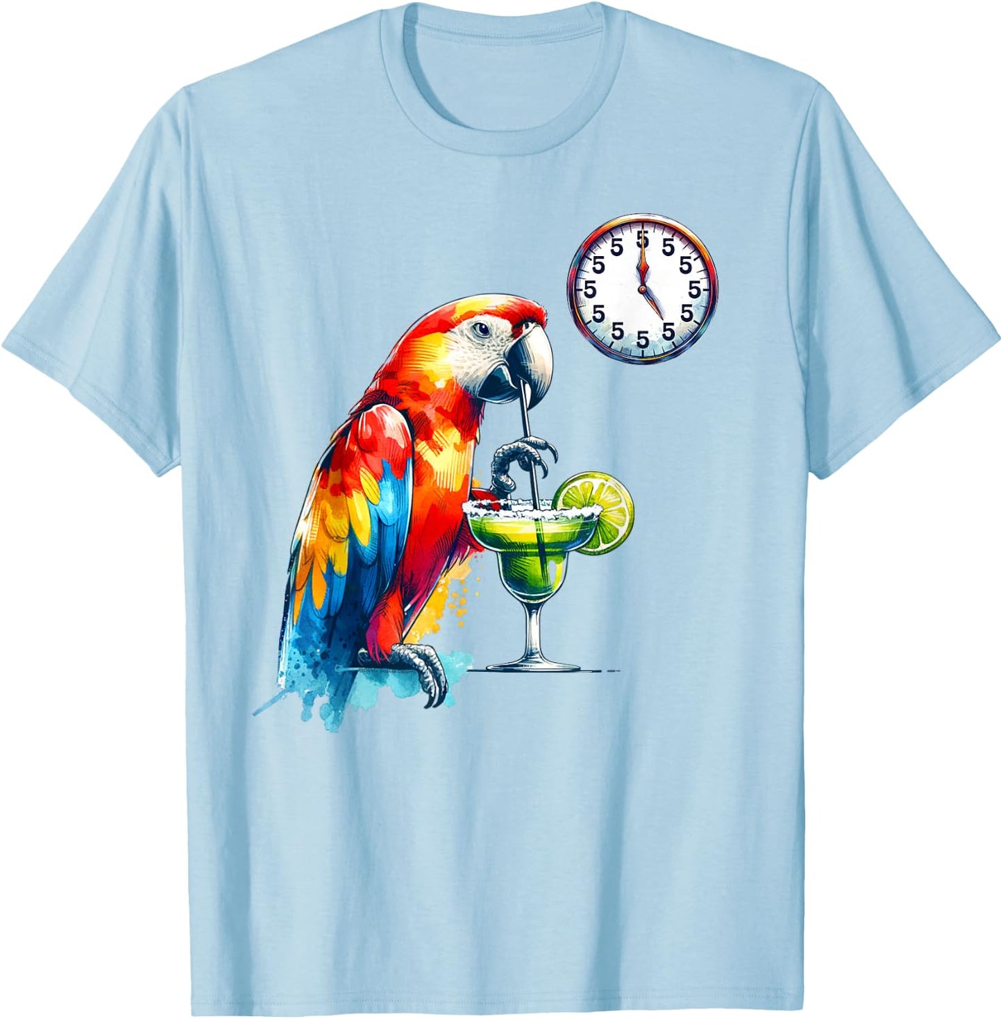 Always 5 O'clock Colorful Parrot Drinking Margarita T-Shirt - T-Shirt | Light Blue