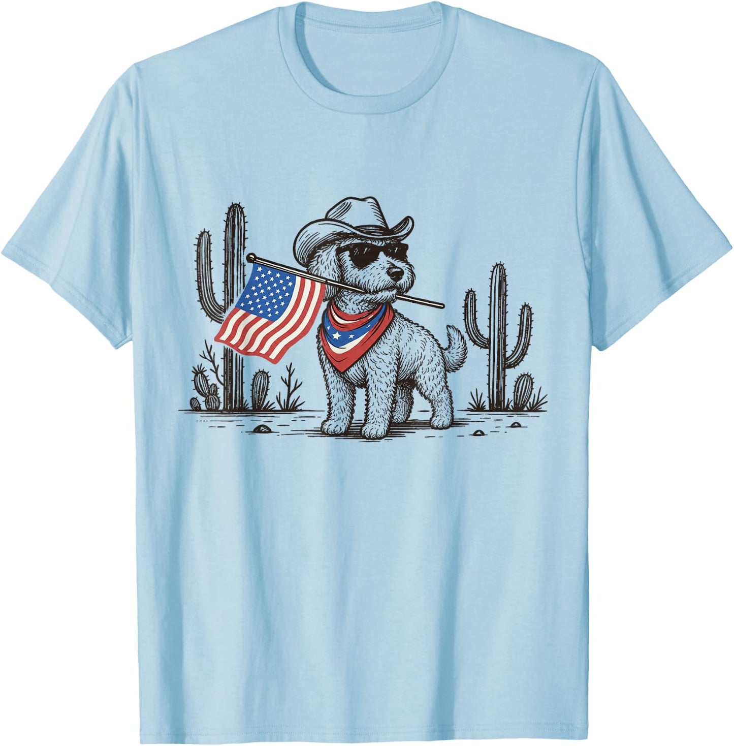 Patriotic Goldendoodle Western Cowboy American Flag T-Shirt - T-Shirt | Light Blue