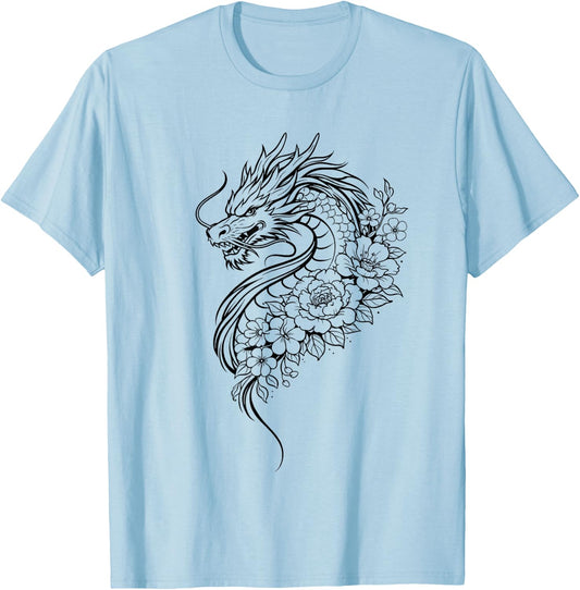 Dragon Flowers Line Art Minimalist Splash T-Shirt - T-Shirt | Light Blue
