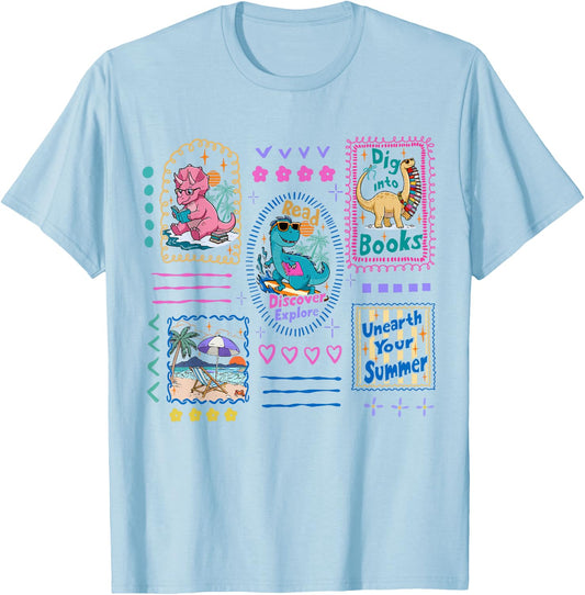 Dinosaur Reading Club Summer Book Lover Library Teacher Kids T-Shirt - T-Shirt | Light Blue