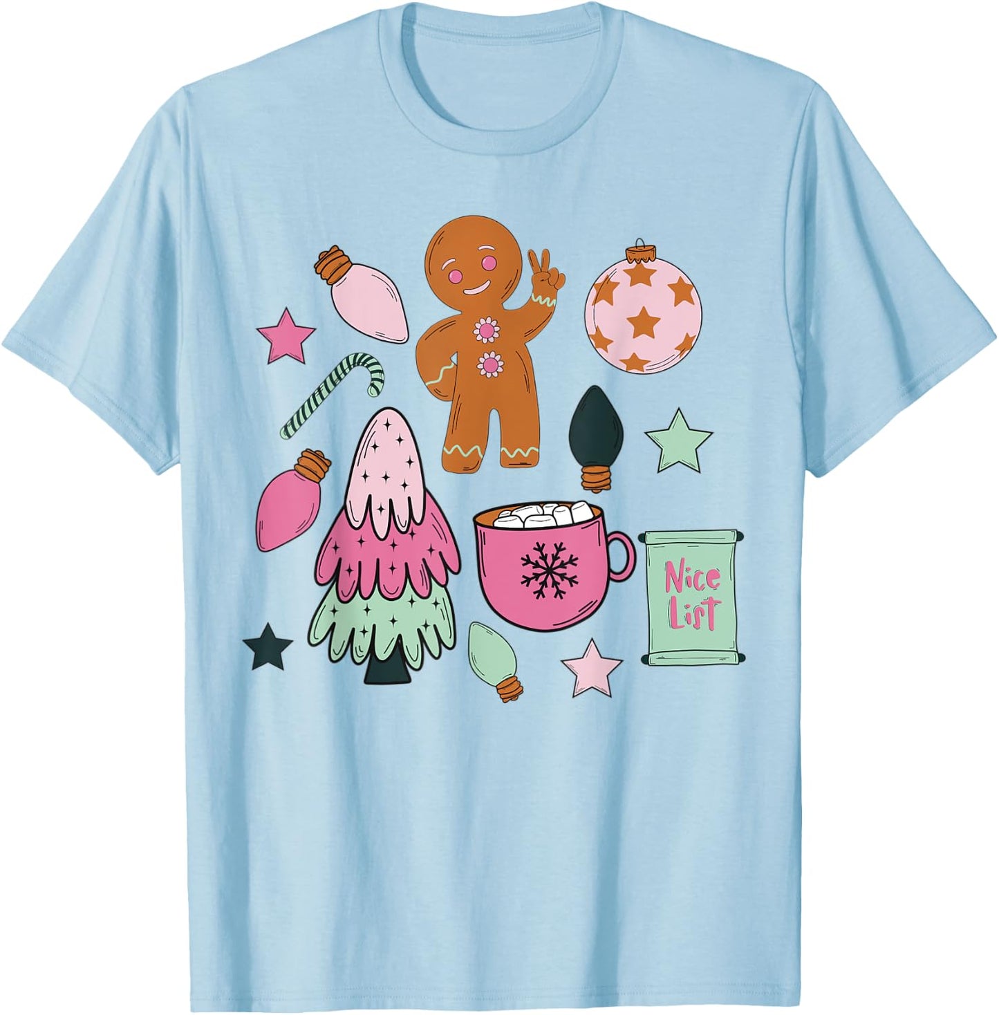 Groovy Merry Christmas Gingerbread Man Peace Sign Pastel T-Shirt - T-Shirt | Light Blue