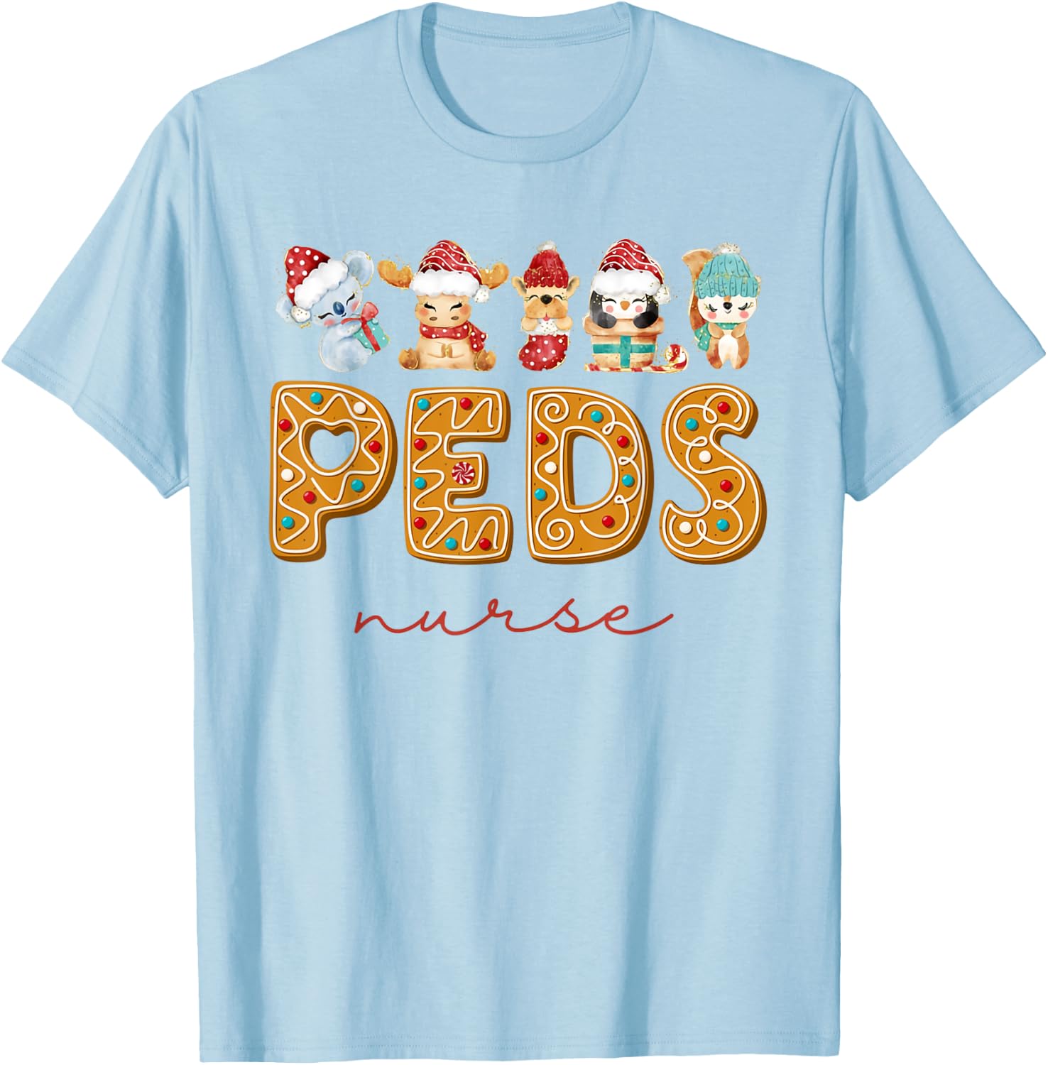 PEDS Nurse Gingerbread Christmas Pediatric Nurse Holiday T-Shirt - T-Shirt | Light Blue