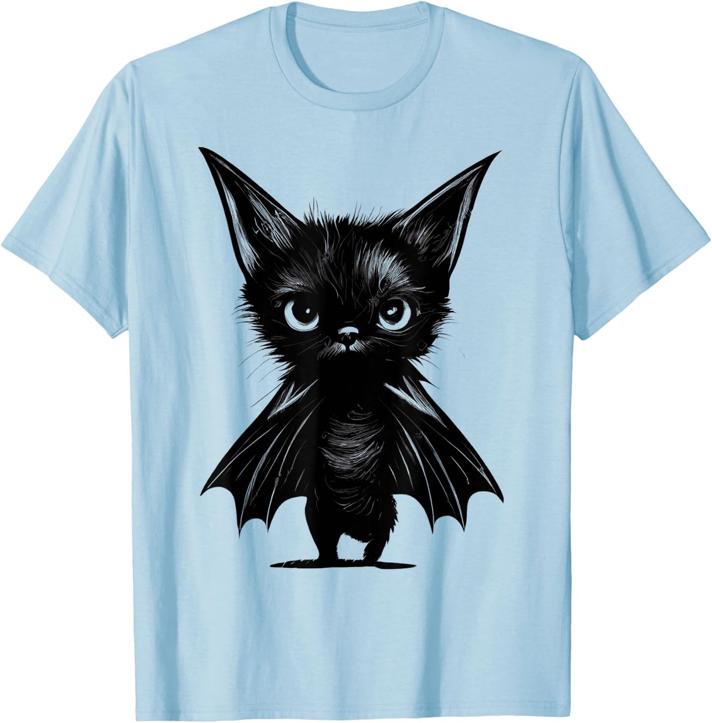 Halloween Grumpy Black Kitten in Bat Costume T-Shirt - T-Shirt | Light Blue