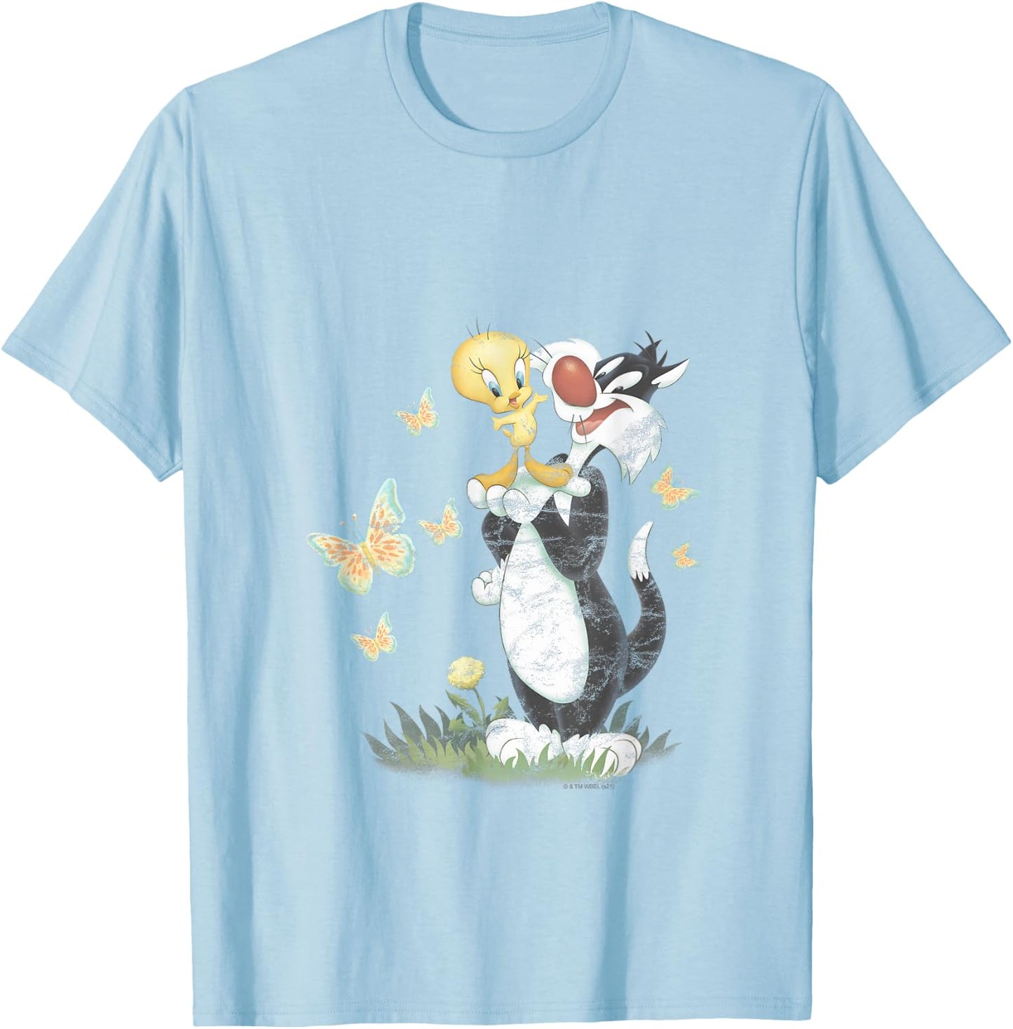 Looney Tunes Sylvester & Tweety Bird Butterfly Distressed T-Shirt - T-Shirt | Light Blue