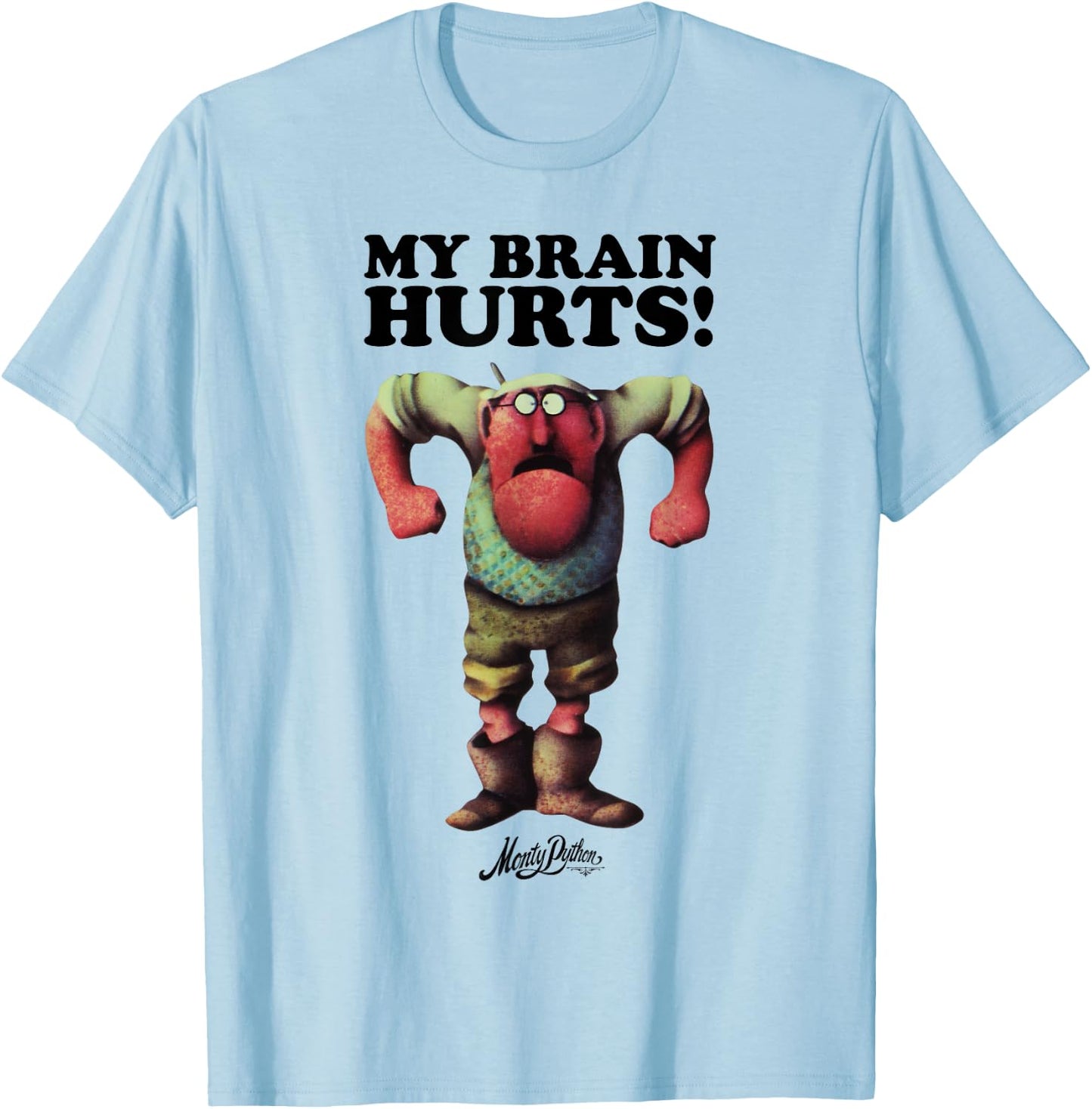 MONTY PYTHON Gumby My Brain Hurts , White, S, , Classic Novelty , Animal Print, Classic Fit, Half Sleeve, V-Neck, Imported, Cotton 100% T-Shirt - T-Shirt | Light Blue
