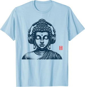 Vintage Retro Buddha with Earphones , grey, S T-Shirt - T-Shirt | Light Blue