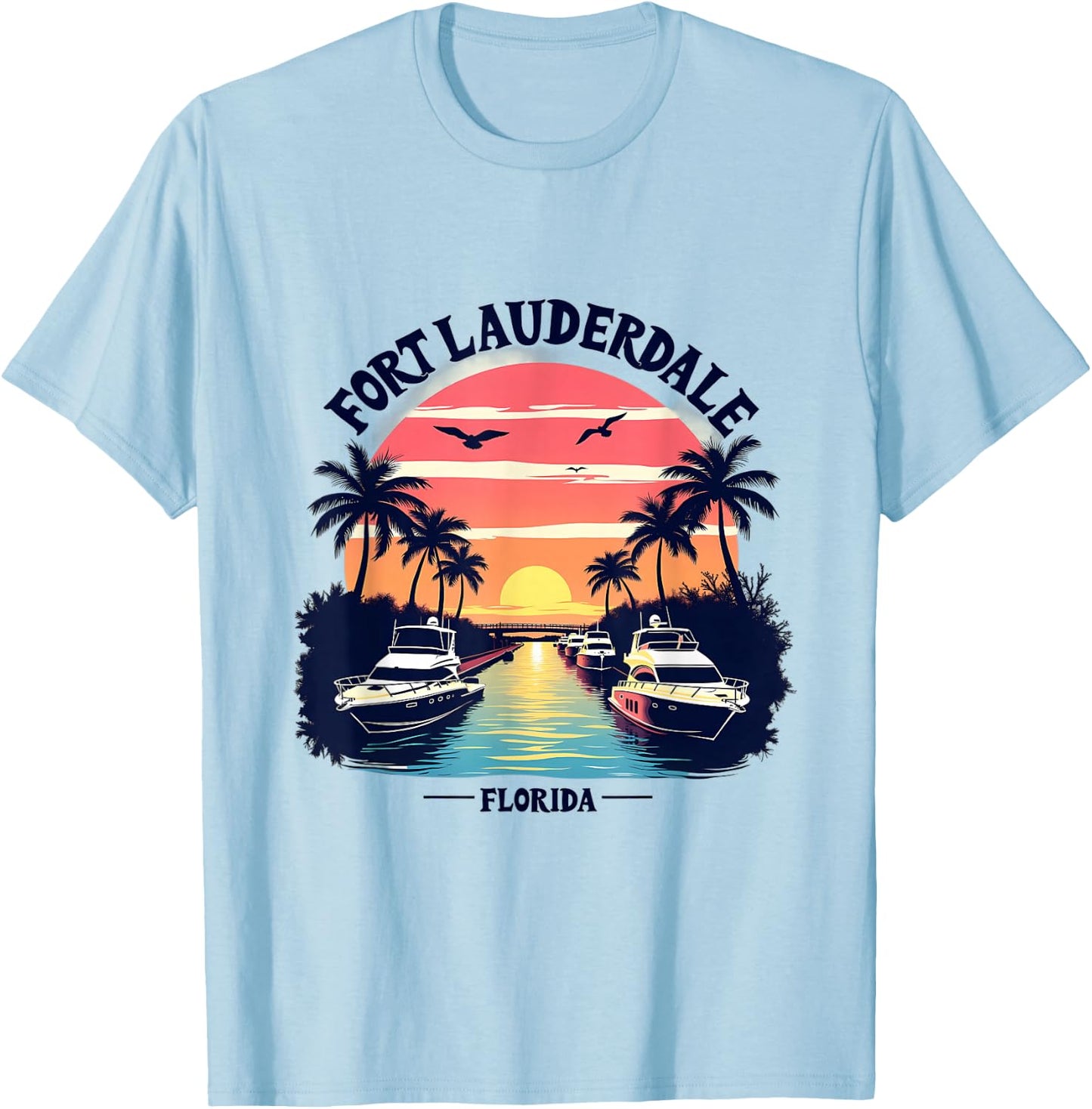Fort Lauderdale Florida Sunset Boating Scene T-Shirt - T-Shirt | Light Blue