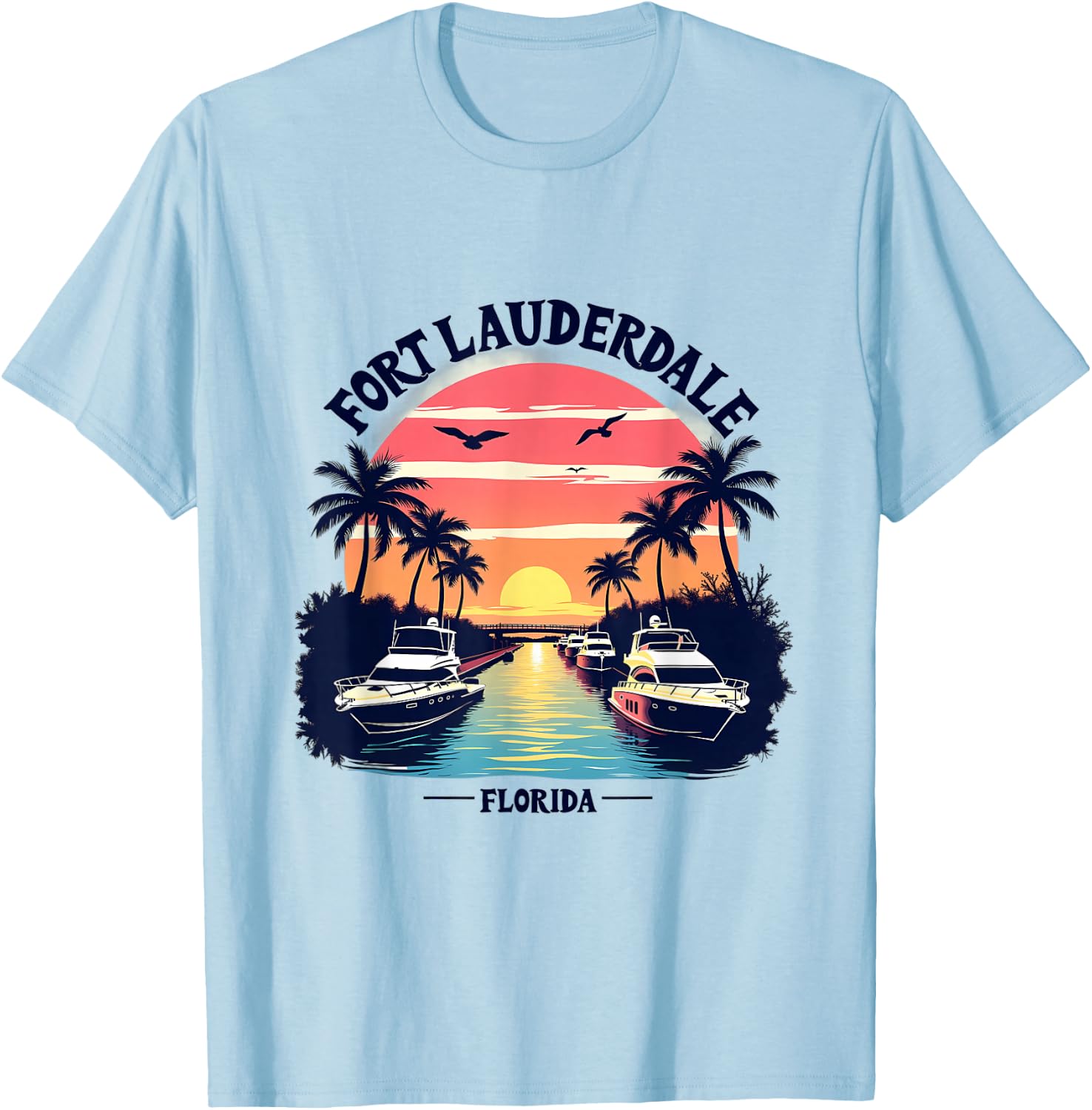Fort Lauderdale Florida Sunset Boating Scene T-Shirt - T-Shirt | Light Blue