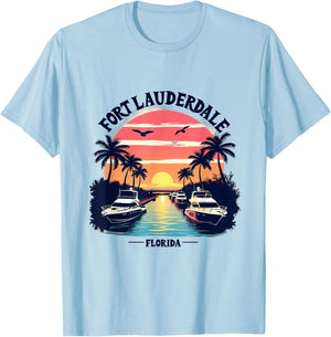 Fort Lauderdale Florida Sunset Boating Scene T-Shirt - T-Shirt | Light Blue