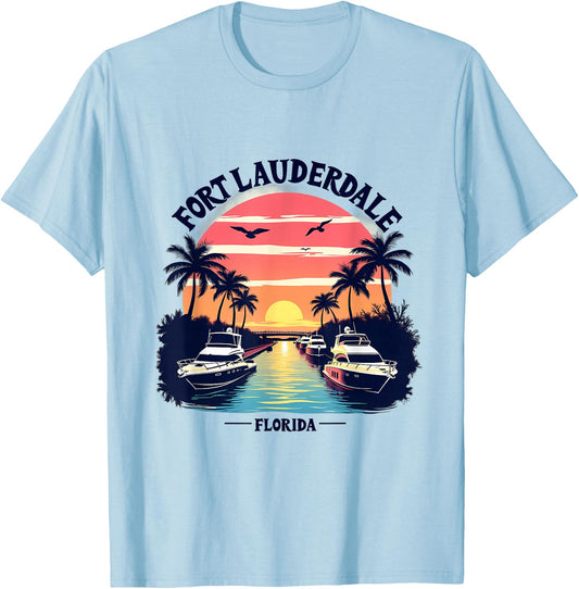 Fort Lauderdale Florida Sunset Boating Scene T-Shirt - T-Shirt | Light Blue