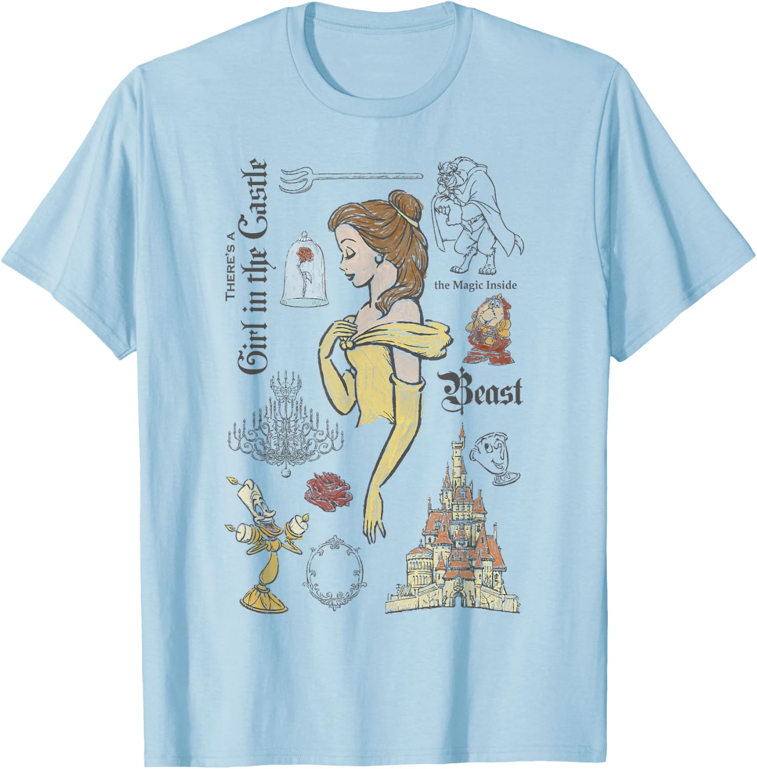 Disney Die Schöne und das Biest Charaktere Skizziertes T-Shirt - T-Shirt | Light Blue