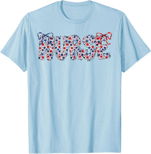 Groovy Cute Nurse Bows & Flowers USA Flag 4th Of July Women T-Shirt - T-Shirt | Light Blue