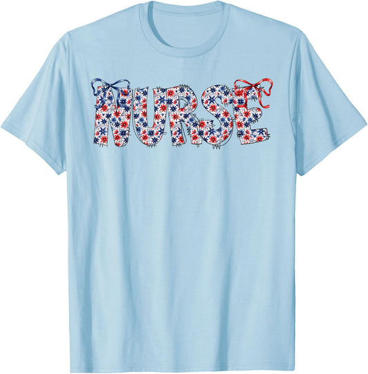 Groovy Cute Nurse Bows & Flowers USA Flag 4th Of July Women T-Shirt - T-Shirt | Light Blue