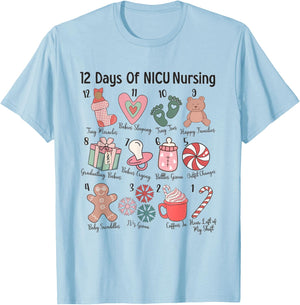 12 Days of NICU Nursing NICU Christmas Neonatal ICU Nurse T-Shirt - T-Shirt | Light Blue