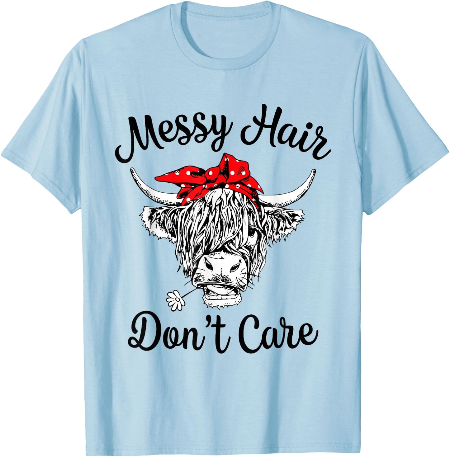 Scottish Highland Cow Cattle Bandana Messy Hair Don't Care T-Shirt - T-Shirt | Light Blue