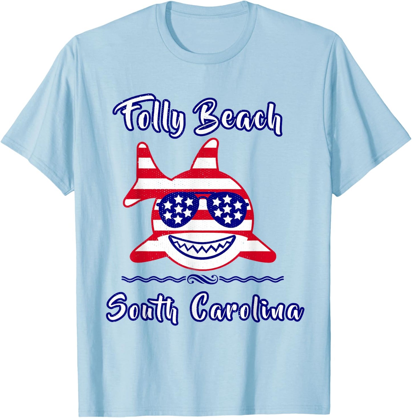 Folly Beach South Carolina Patriotic Coastal Shark Fish T-Shirt - T-Shirt | Light Blue