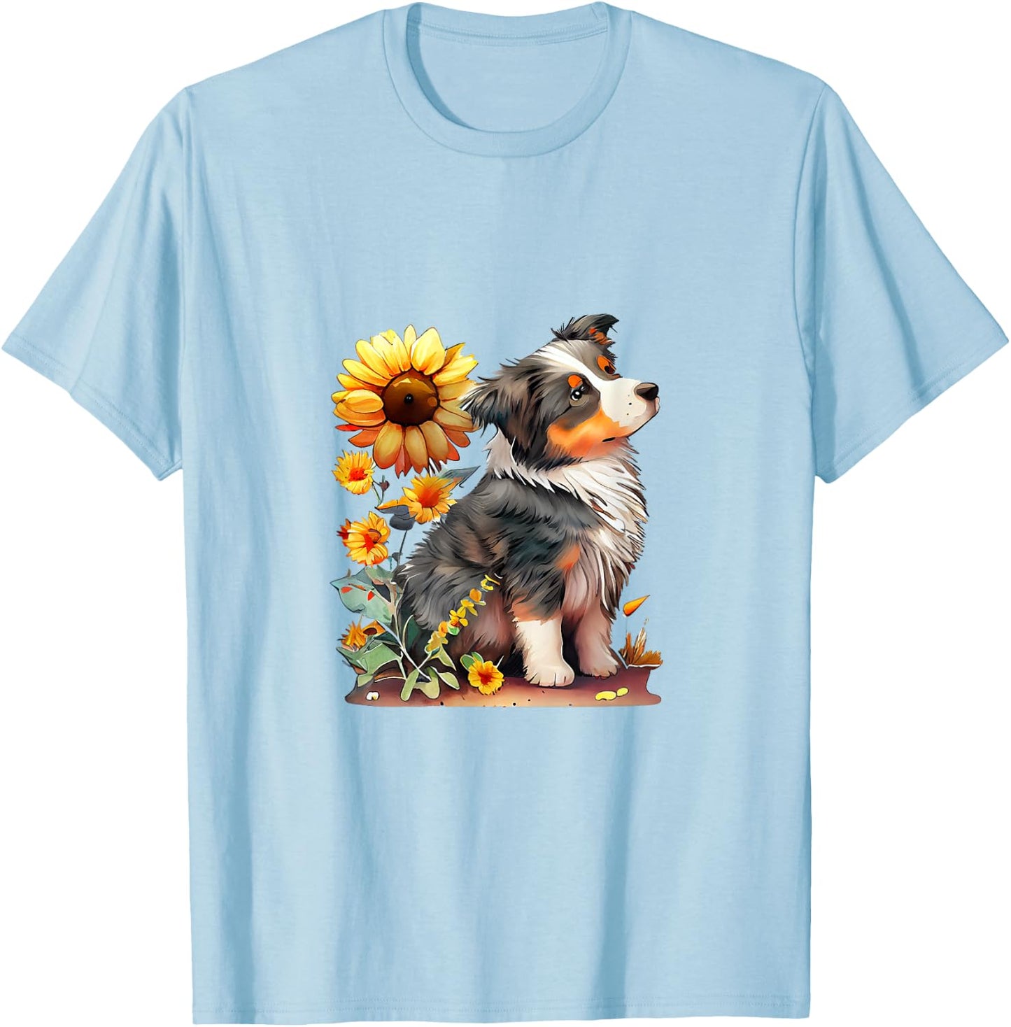 Vintage Sunflower Australian Shepherd Lover Flower Graphic T-Shirt - T-Shirt | Light Blue