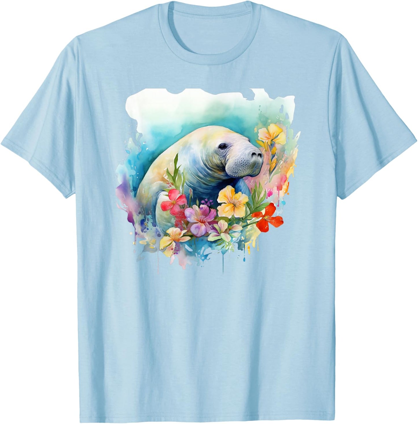 Manatee Floral Watercolor Painting T-Shirt - T-Shirt | Light Blue