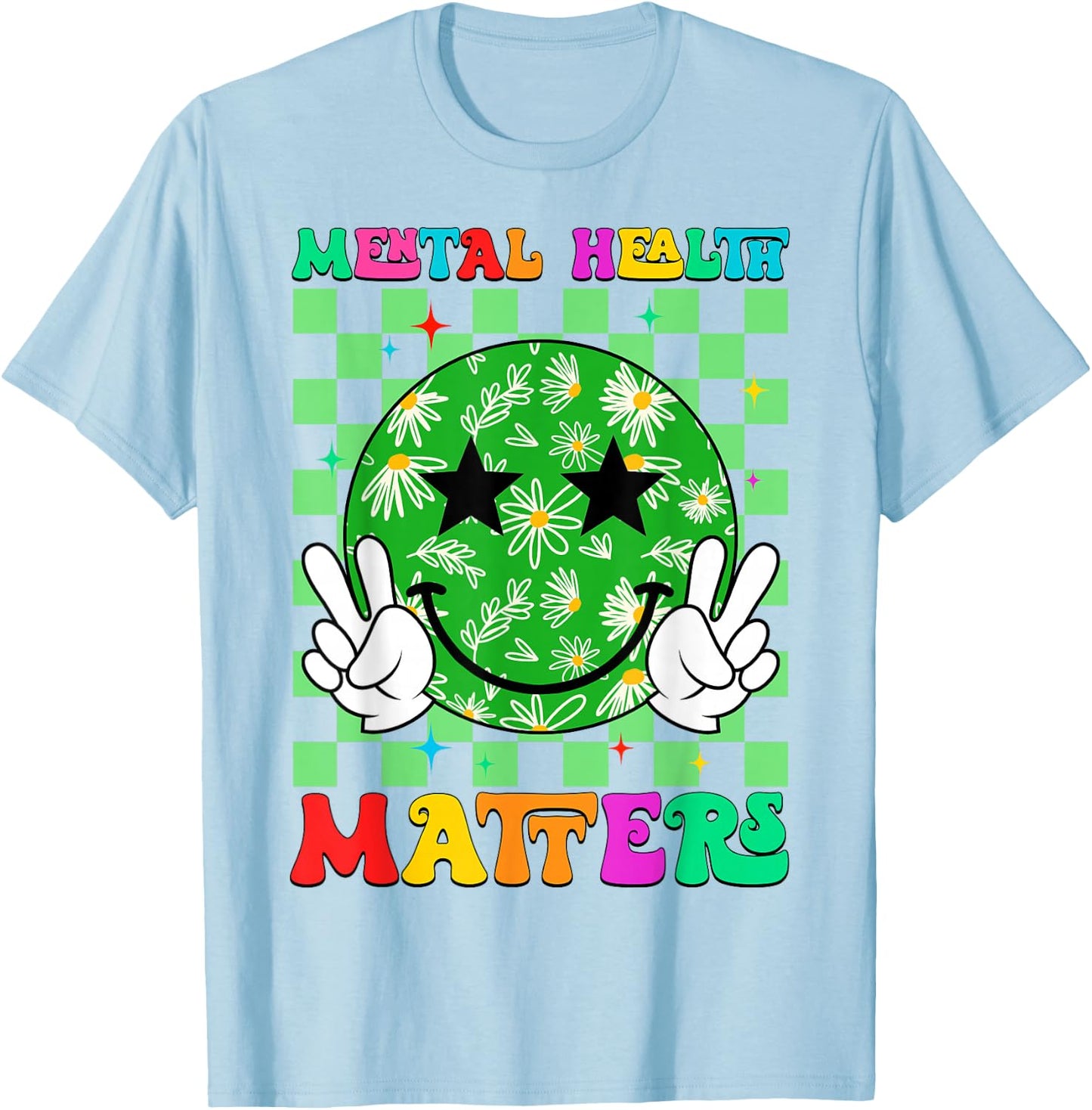 Groovy Mental Health Matters Brain Illness Awareness Month T-Shirt - T-Shirt | Light Blue