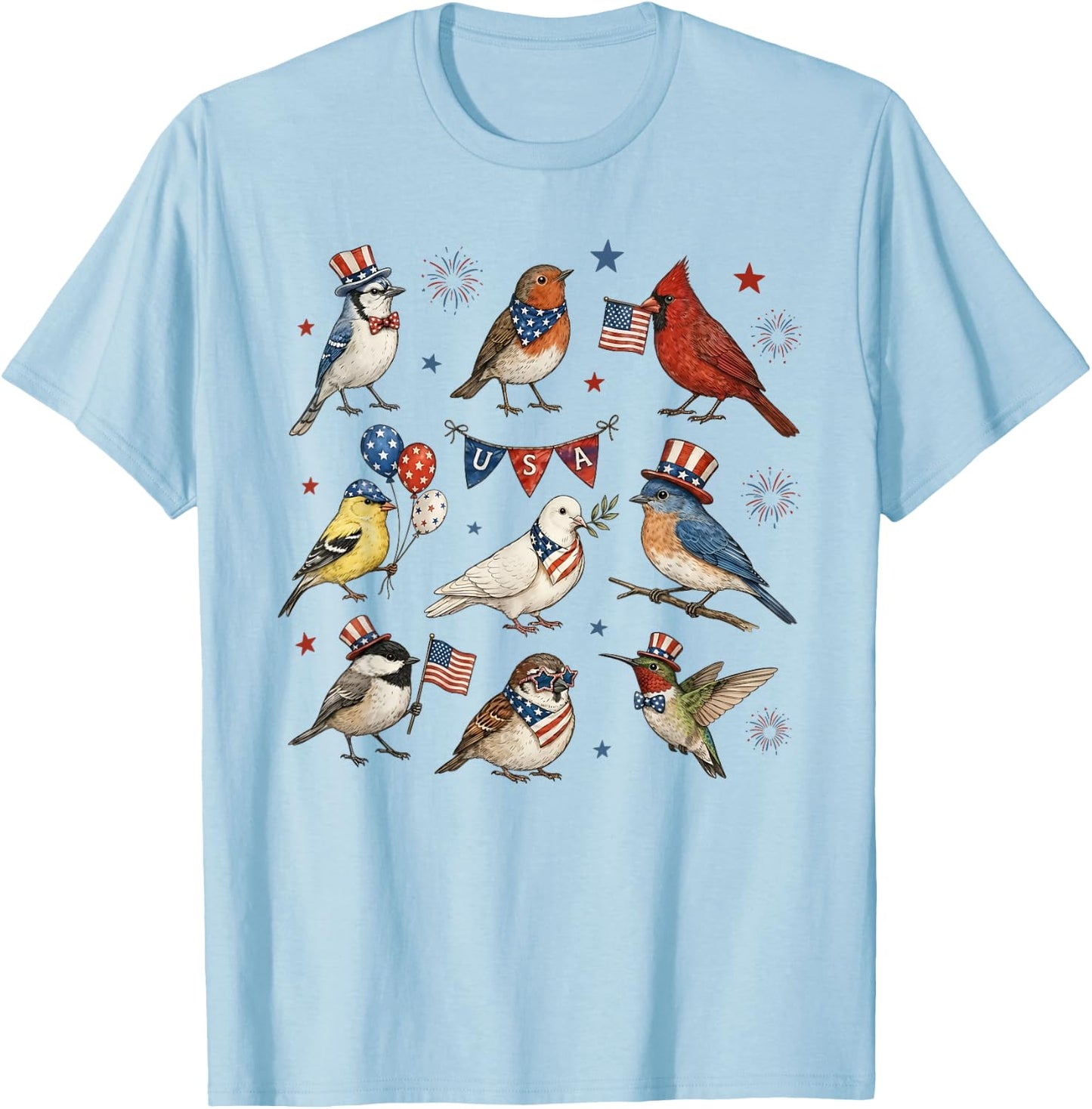 Patriotic Cute Birds 4th of July Bird Lover Independence Day T-Shirt - T-Shirt | Light Blue