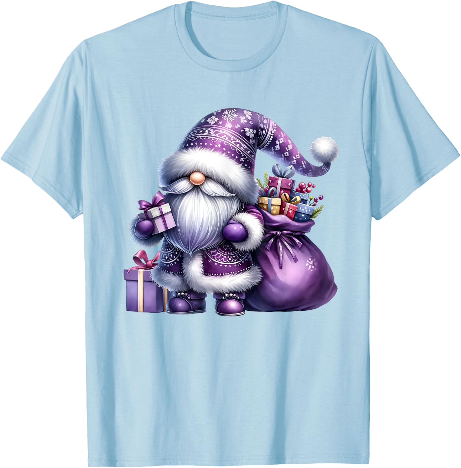 Purple Christmas Gnome With Santa Bag Men Xmas T-Shirt - T-Shirt | Light Blue