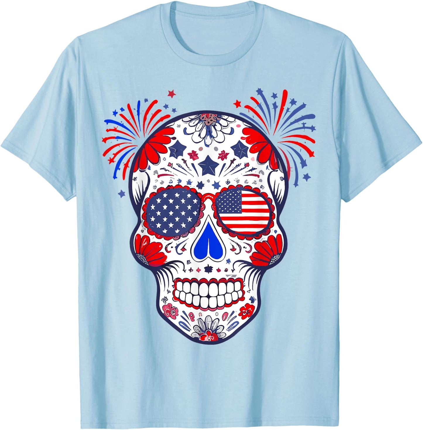 Sugar Skull Sunglasses USA Flag 4th of July Men Women T-Shirt - T-Shirt | Light Blue