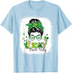 Bleached One Lucky Lunch Lady Messy Bun St Patricks Day T-Shirt - T-Shirt | Light Blue