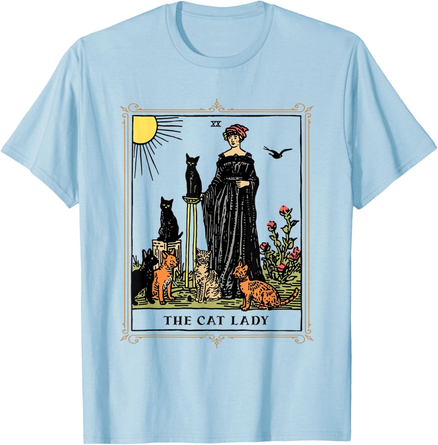 The Cat Lady Tarot Card, Vintage Gothic Cat Women Cat Mom T-Shirt - T-Shirt | Light Blue