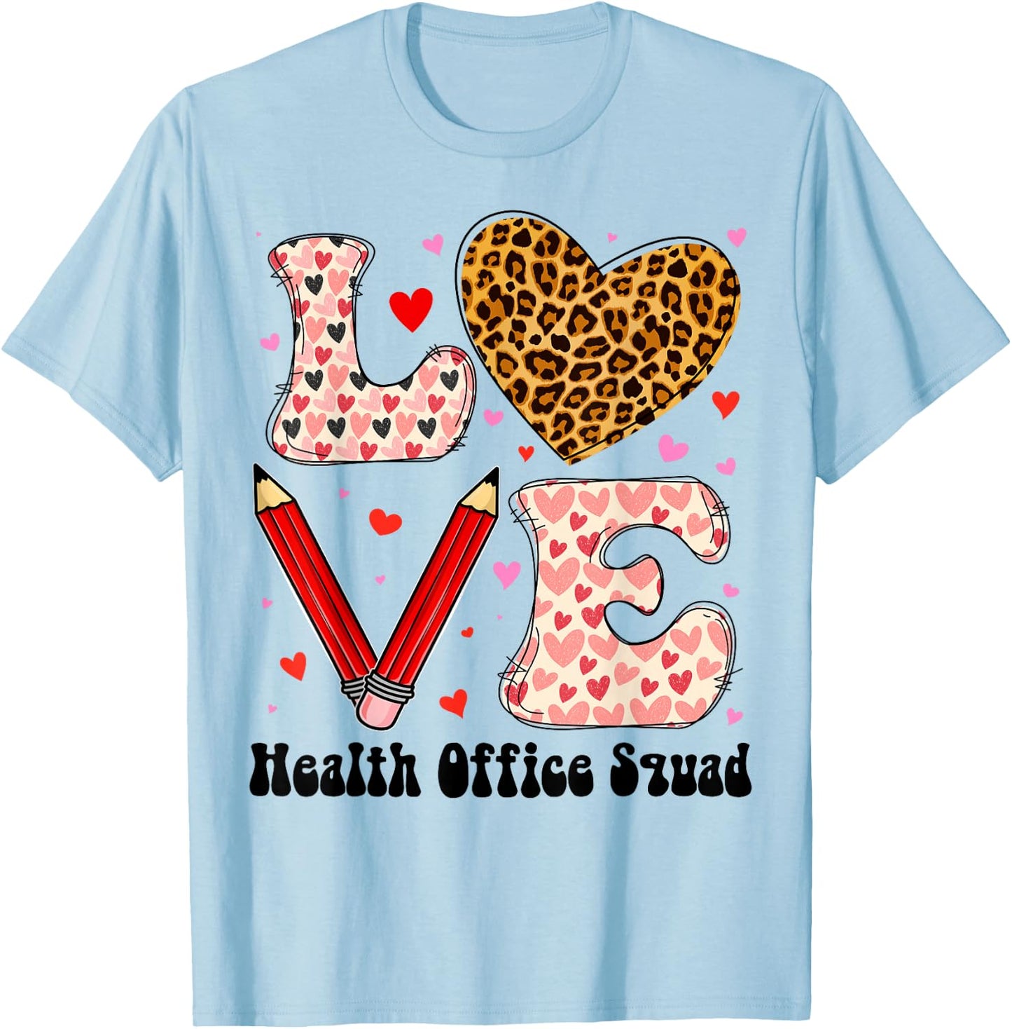 Health Office Squad Love Heart Leopard Plaid Valentines Day T-Shirt - T-Shirt | Light Blue