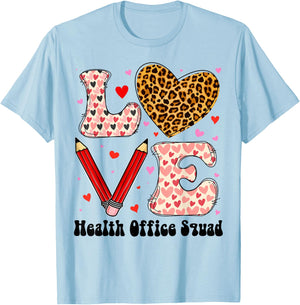 Health Office Squad Love Heart Leopard Plaid Valentines Day T-Shirt - T-Shirt | Light Blue